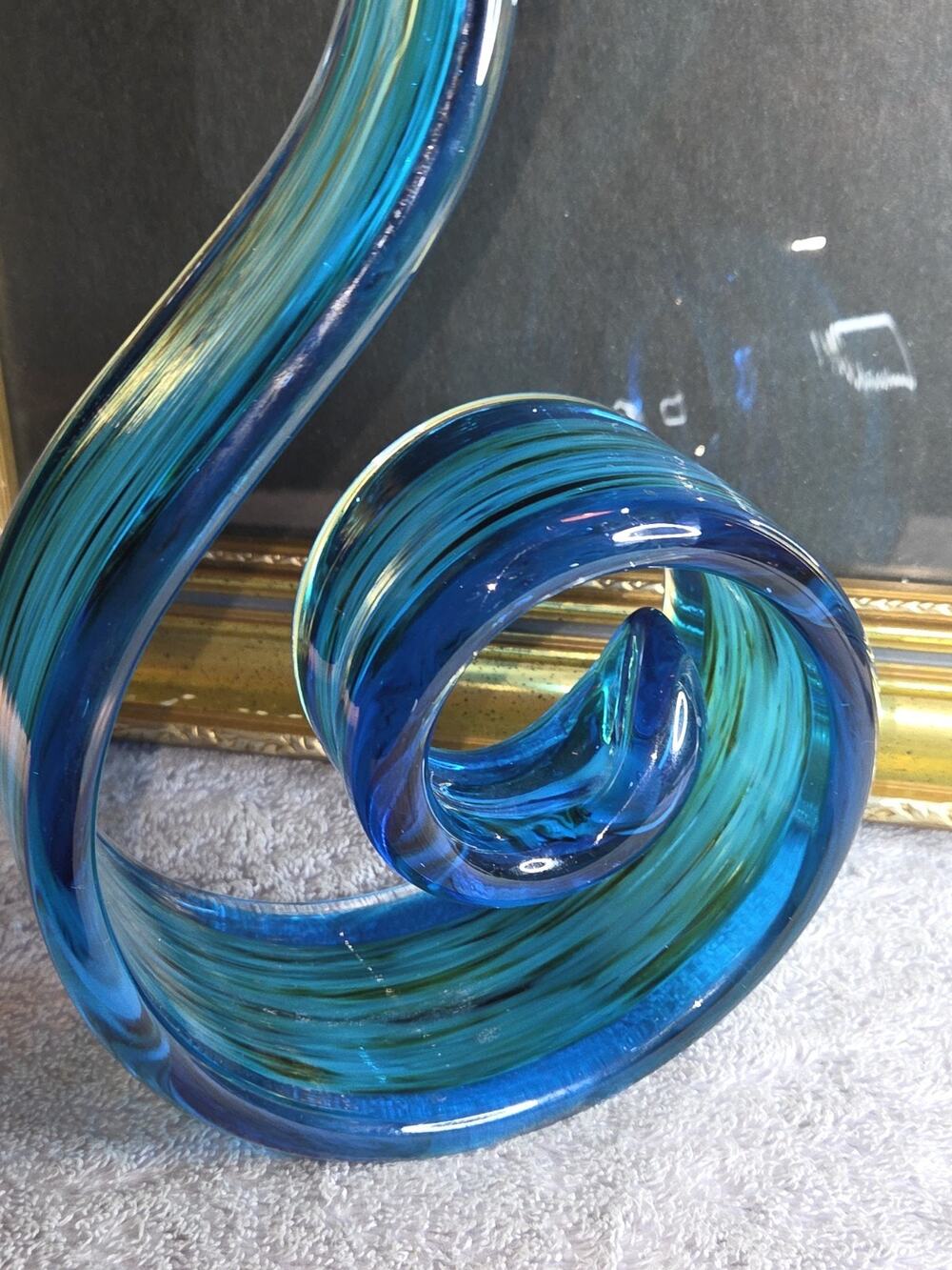 Murano Art Glass Blue Teal Spiral Sculpture Hand Blown Abstract 15”